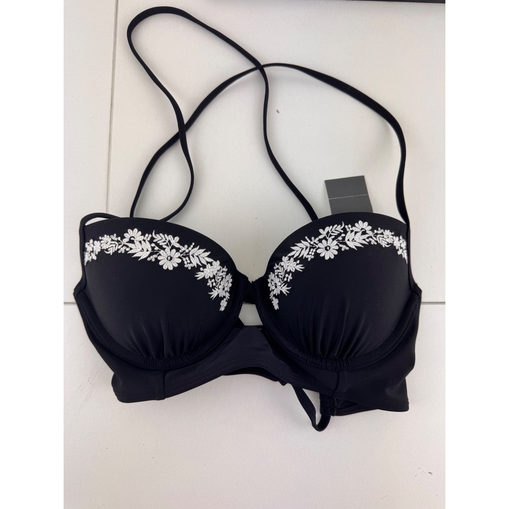 Abercrombie & Fitch Kids Girls Black Push Up Bikini Top Floral Embroidery 34A
